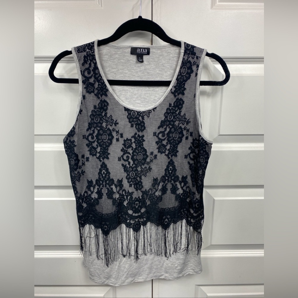 Lace Layered Fringe Tank Top Stretch  A.N.A Lace over Grey Black Large LG